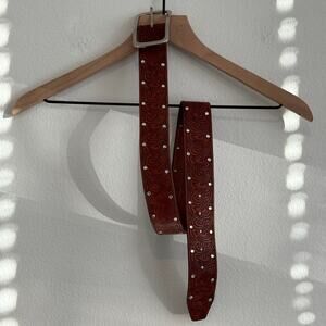 Vintage GUESS Leather Belt Rhinestone Studded Embossed Brown w/ Silver Buckle S